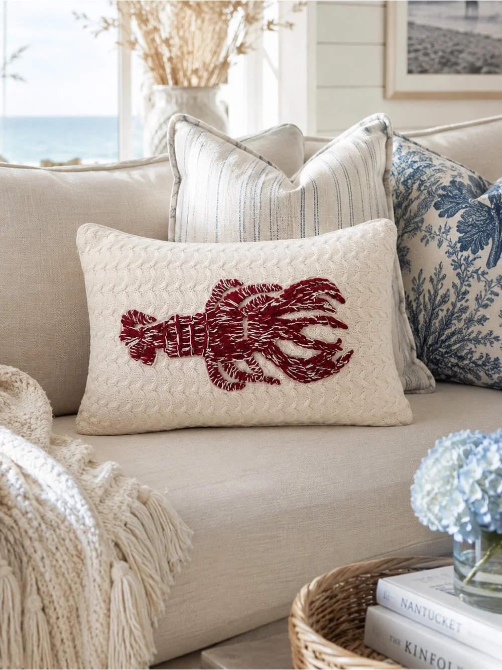 NEW Coastal Lobster Throw Pillow Nautical Nantucket Beach House Cottage Decor